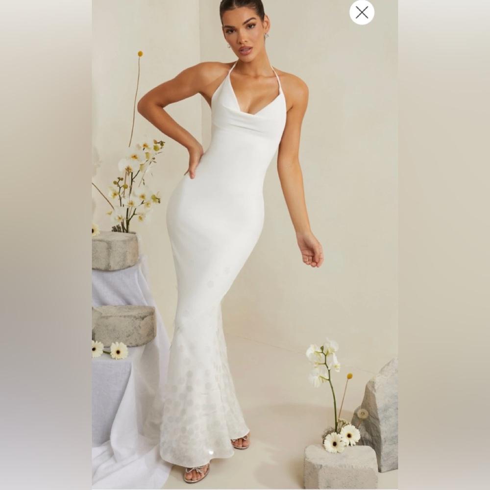 OhPolly MAGNOLIA
Cowl Neck Embellished Satin Maxi Dress in White